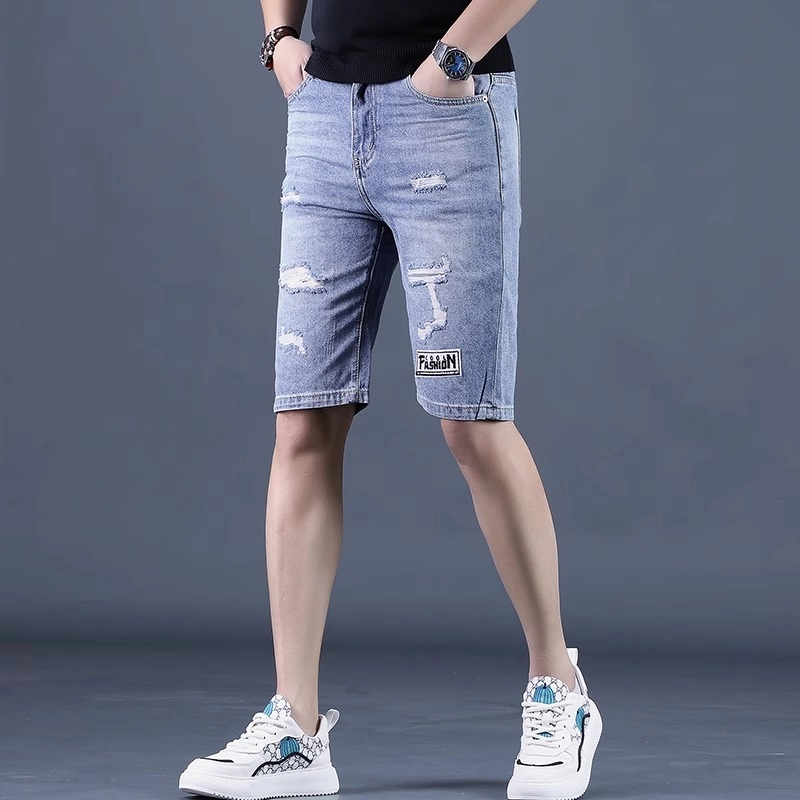尘映 夏季薄款破洞五分马裤韩版潮弹力中裤子高端牛仔短裤 男女同款