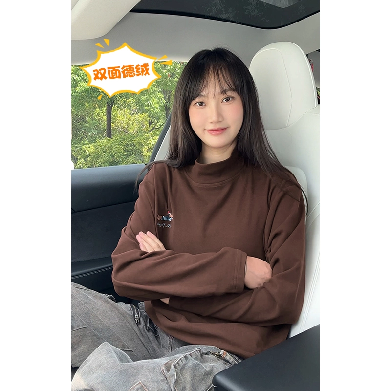 尘映 美式复古高街腊肠狗刺绣百搭打底衫简约基础款早秋圆领宽松休闲户外潮牌青少年学院风套头插肩长袖卫衣 男女同款