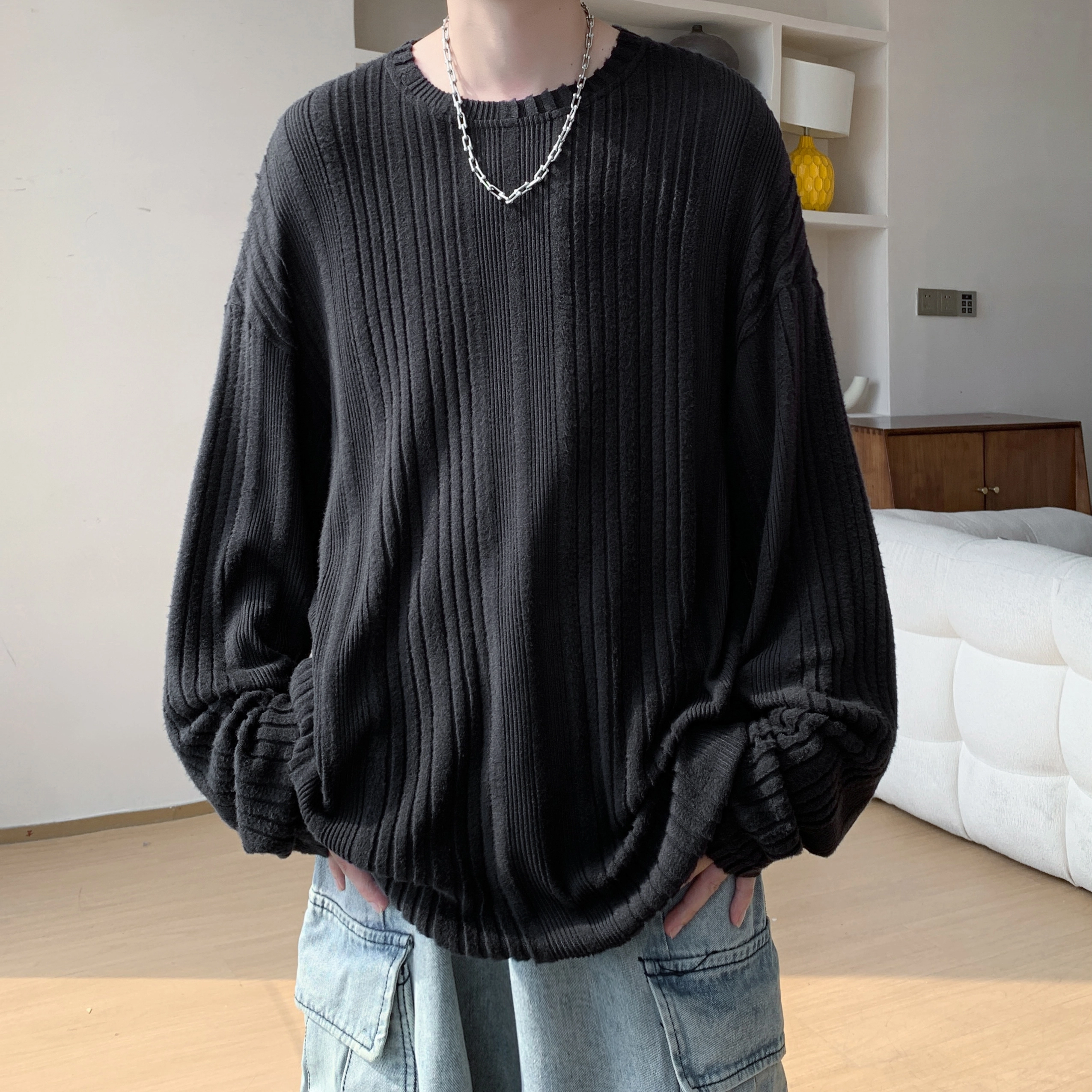 尘映 美式抓毛绒感纹理感基础款早秋圆领宽松休闲打底衫户外潮牌百搭青少年学院风套头插肩长袖卫衣 男女同款