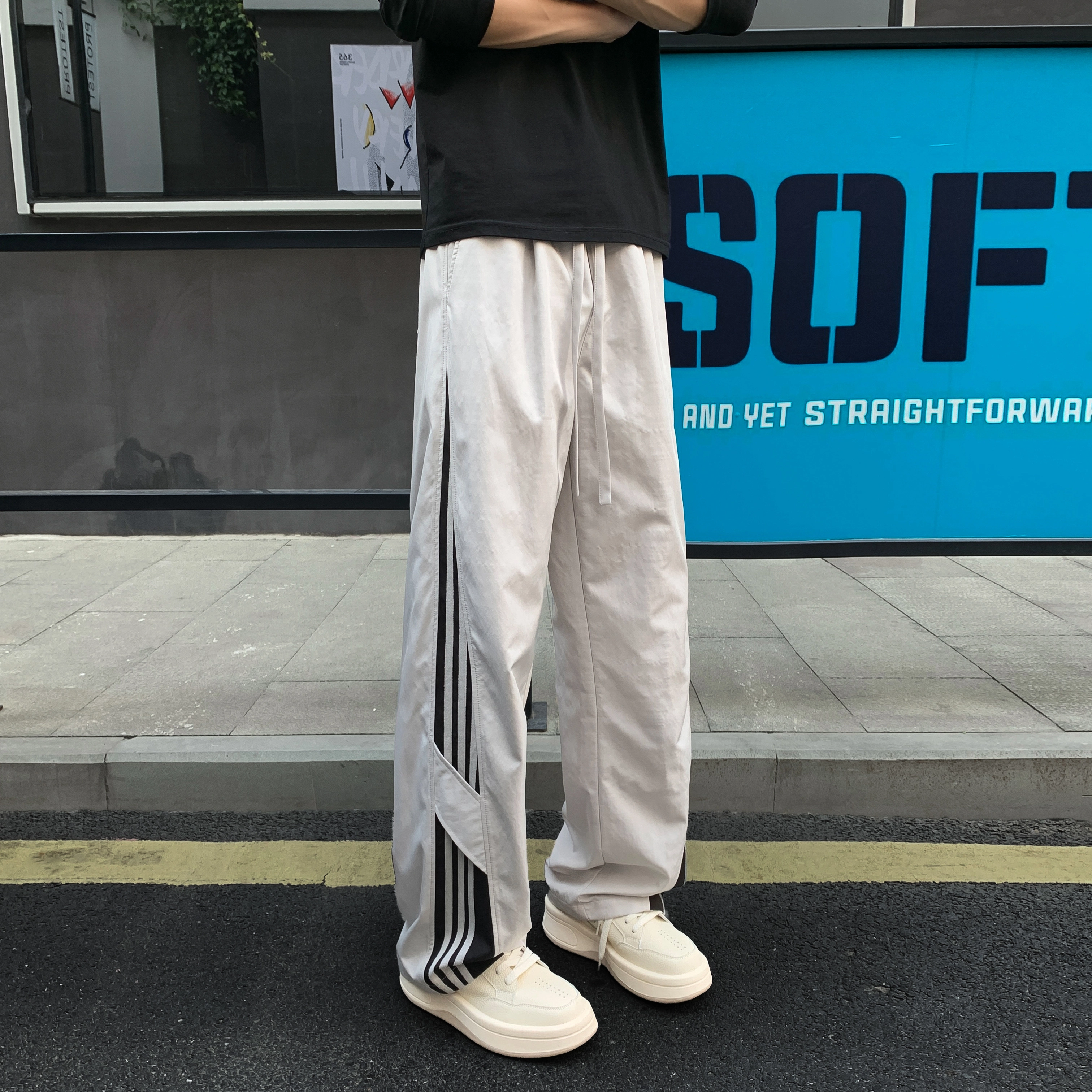 尘映 美式高街痞帅早秋常规三条杠校园穿搭直筒阔腿裤男宽松拖地裤无性别亲肤学院百搭通勤运动裤子休闲裤 男女同款