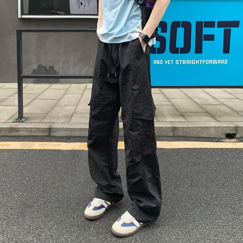 尘映 美式潮牌高街设计感防水速干男小众早秋校园穿搭微阔腿弹力抽绳显高百搭运动通勤长裤宽松纯色直筒裤子工装裤 男女同款