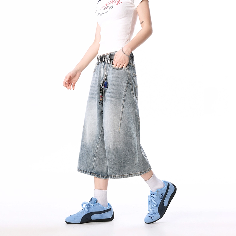 尘映 美式简约水洗拼接七分休闲宽松百搭牛仔短裤 男女同款 浅蓝