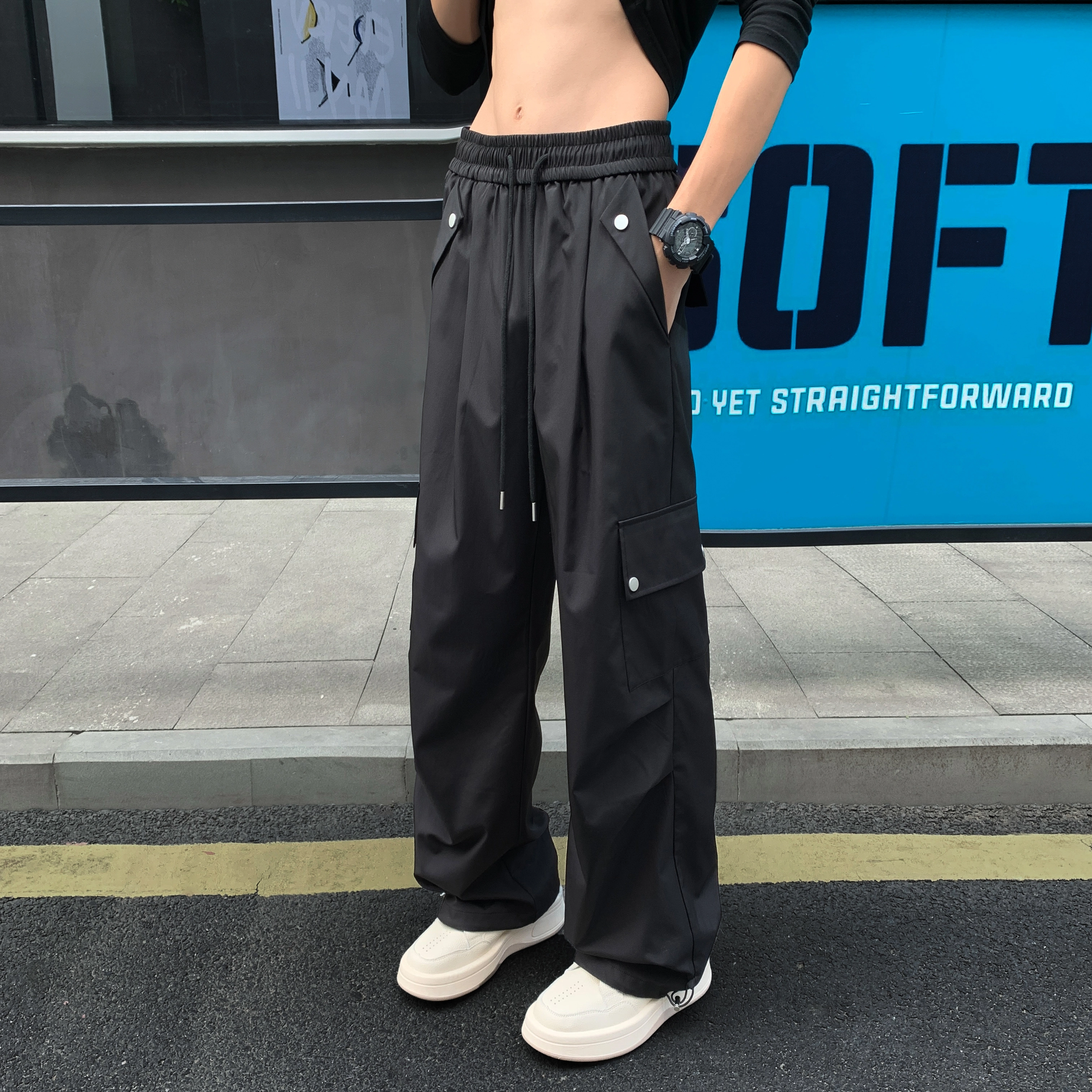 尘映 美式高街痞帅早秋常规防水伞兵裤校园穿搭直筒阔腿裤男宽松拖地裤无性别亲肤学院百搭通勤运动裤子休闲裤 男女同款