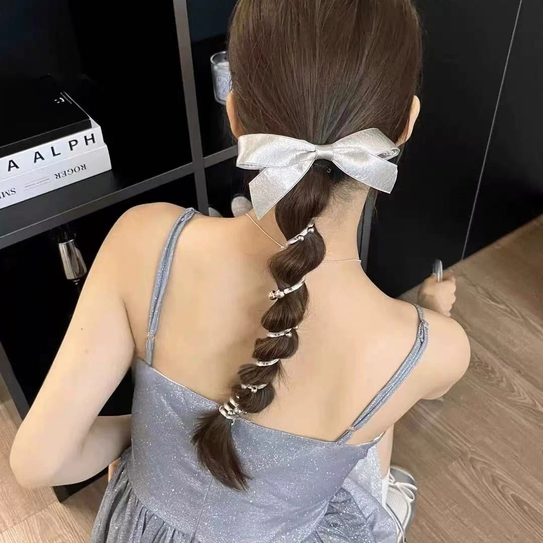 希铃 银色蝴蝶结电话线珠珠高弹力泡泡#好运 塑料 发圈 女款