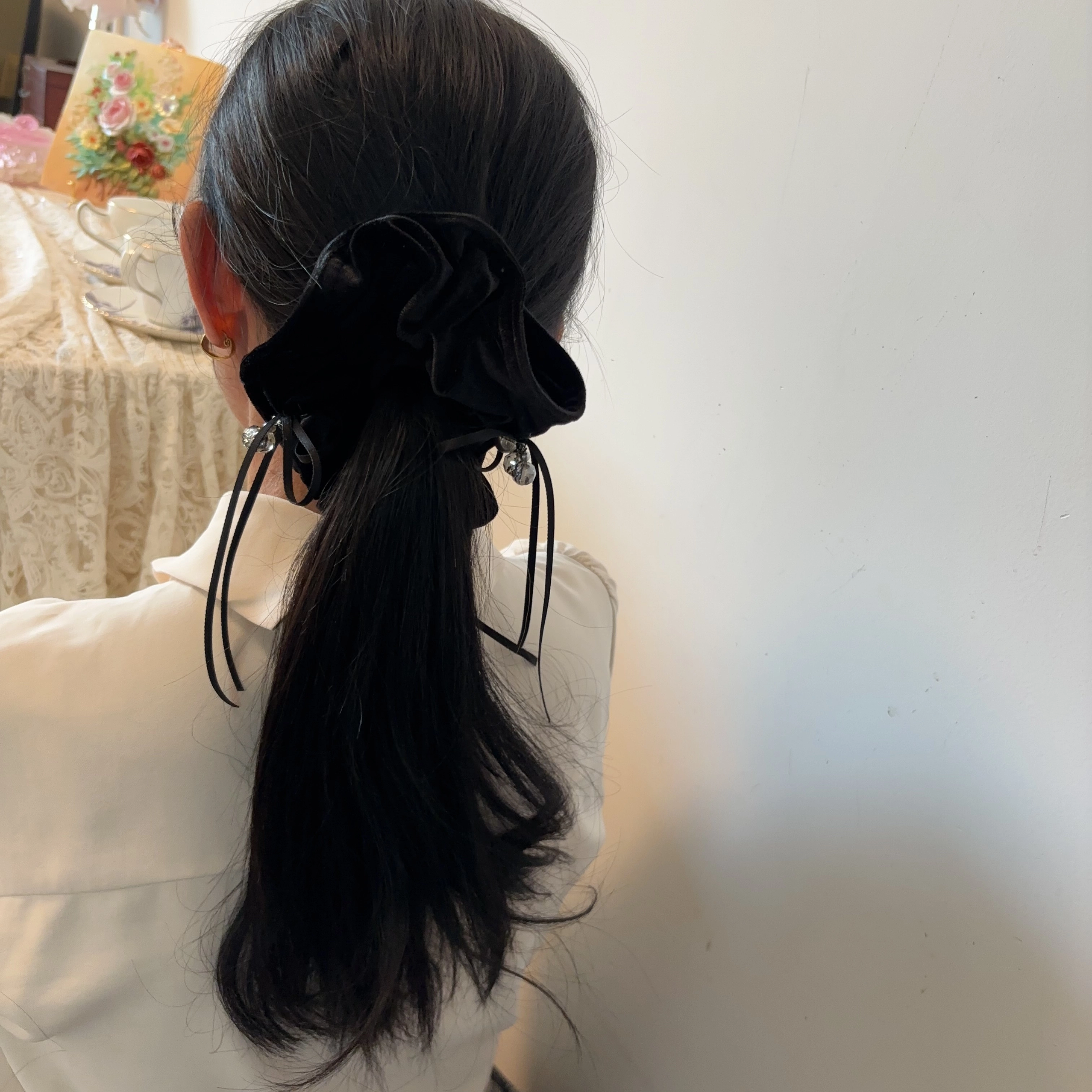 希铃 黑色千金风 蝴蝶结流苏水晶 气质高级感 法式优雅 弹力 纯棉 发圈 女款