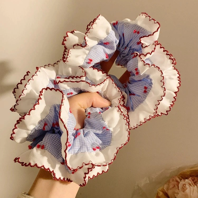 希铃 蓝色格子双层荷叶边 蕾丝 发圈 女款