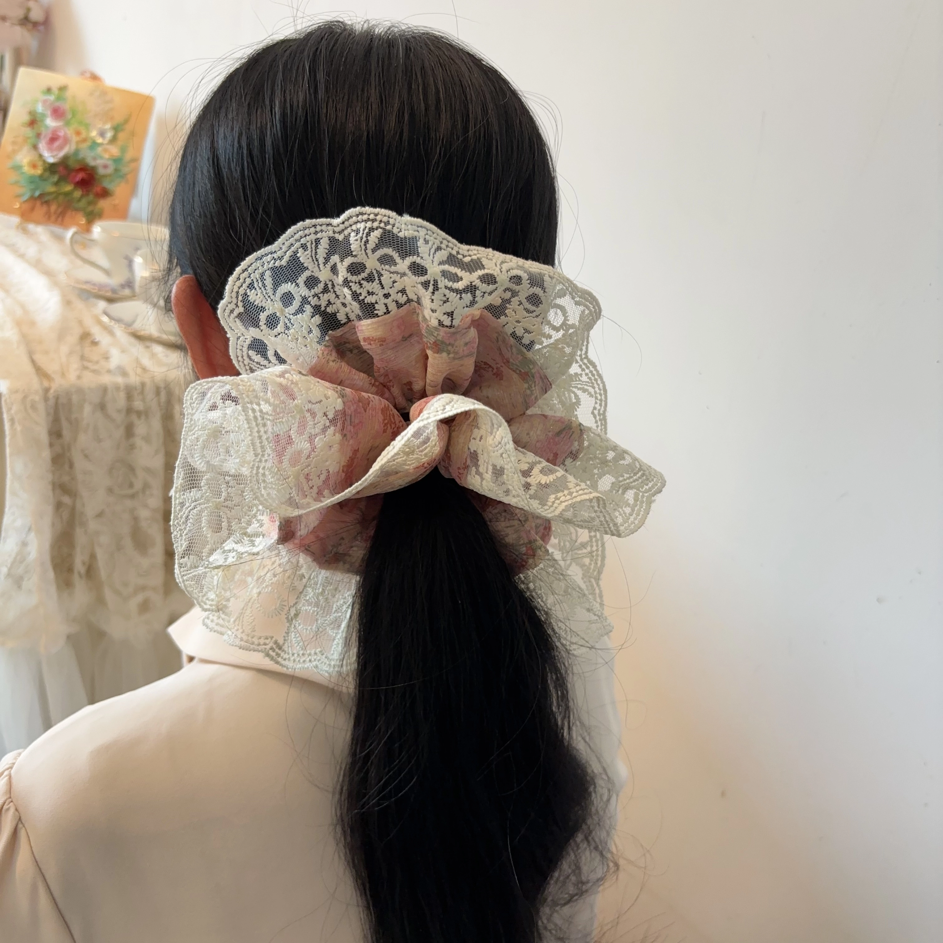 希铃 温柔 百搭  蕾丝肠圈 气质 优雅 时尚 大号弹力千金款 布艺  发圈  女款