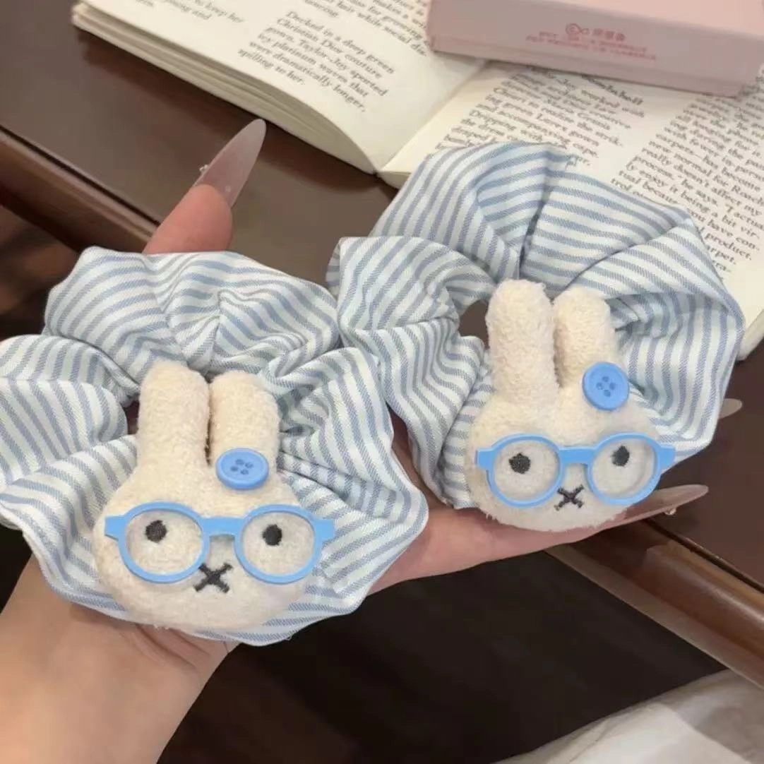 希铃 可爱眼镜兔兔蓝白条纹 布艺 头绳 女款