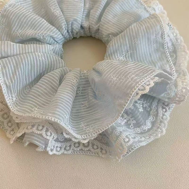 希铃 浅蓝色双层清新条纹 蕾丝 发圈 女款