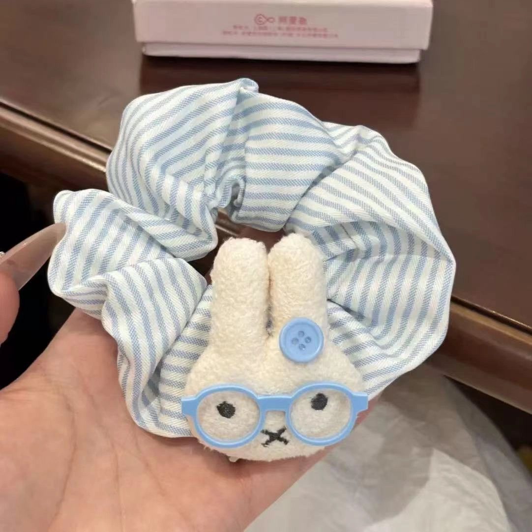 希铃 可爱眼镜兔兔蓝白条纹 布艺 头绳 女款