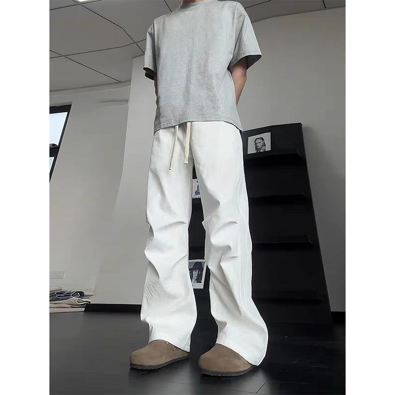 帝狼牛 纯色简约百搭褶皱设计宽松系带直筒垂感休闲裤 男女同款