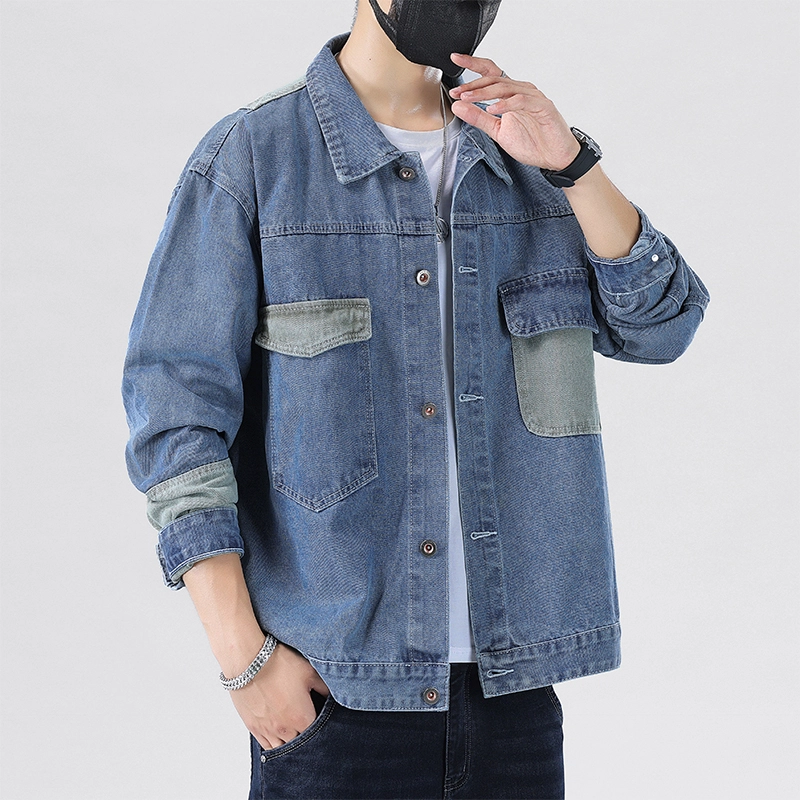 赛瀚 高街帅气水洗夹克男士时尚潮牌外搭翻领上衣服男生青少年拼色贴布简约舒适宽松休闲百搭男美式复古男牛仔外套 男女同款