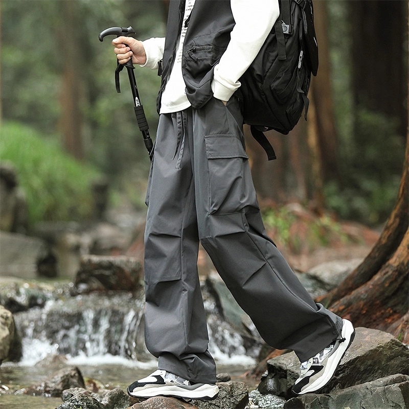 赛瀚 高街工装宽松直筒休闲裤男款秋季户外登山防风抽褶系带阔腿长裤百搭舒适亲肤显瘦显高少年感通勤外穿男裤 男女同款