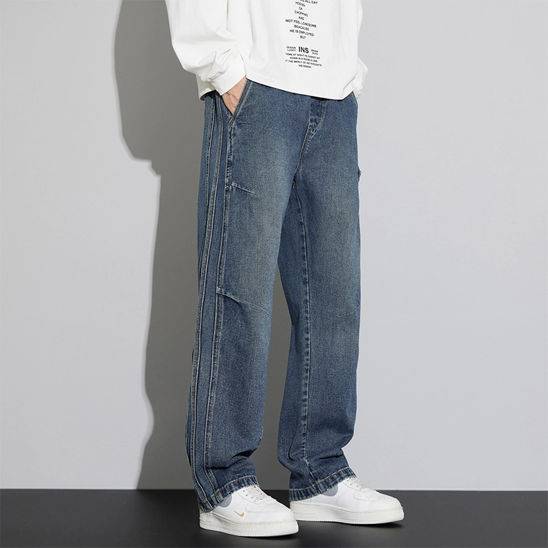 赛瀚 复古宽松直筒休闲牛仔裤水洗拼接设计男款美式春秋厚款百搭舒适亲肤男装长裤显瘦显高青少年高街潮流通勤外穿高级感男裤 男女同款