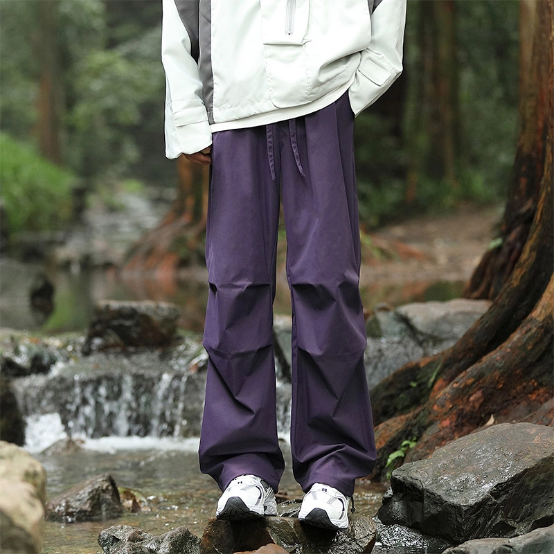 赛瀚 美式高街工装宽松阔腿休闲裤男款秋季厚款百搭舒适亲肤潮流纯色个性抽褶系带户外防风男装长裤显瘦少年外穿男裤 男女同款