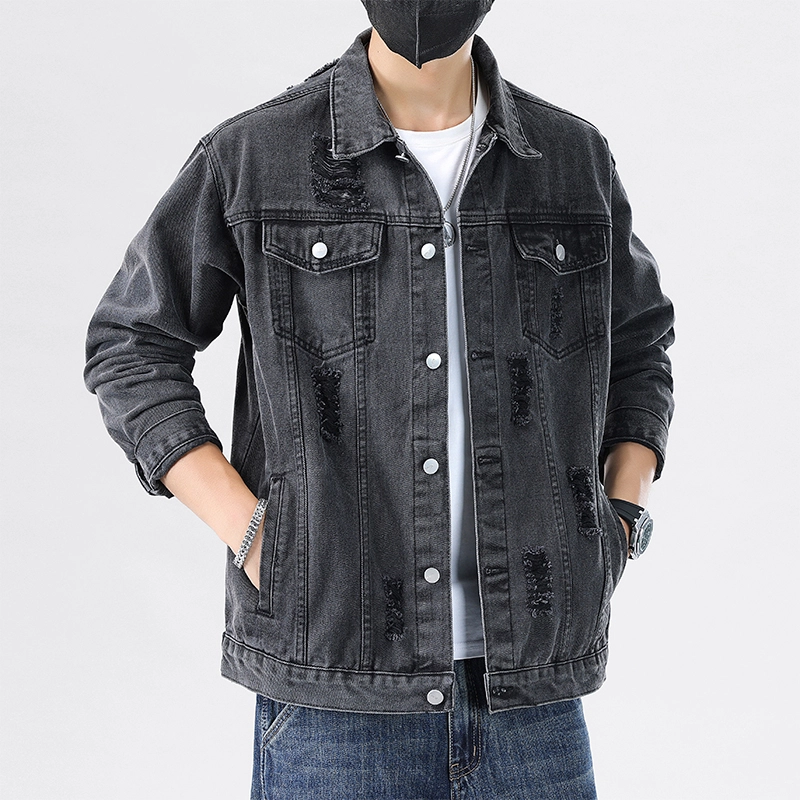 赛瀚 破洞休闲夹克男生复古水洗耐磨做旧宽松上衣服男士青少年翻领纽扣多口袋刮烂设计基础款美式潮牌高街风潮流帅气牛仔外套 男女同款