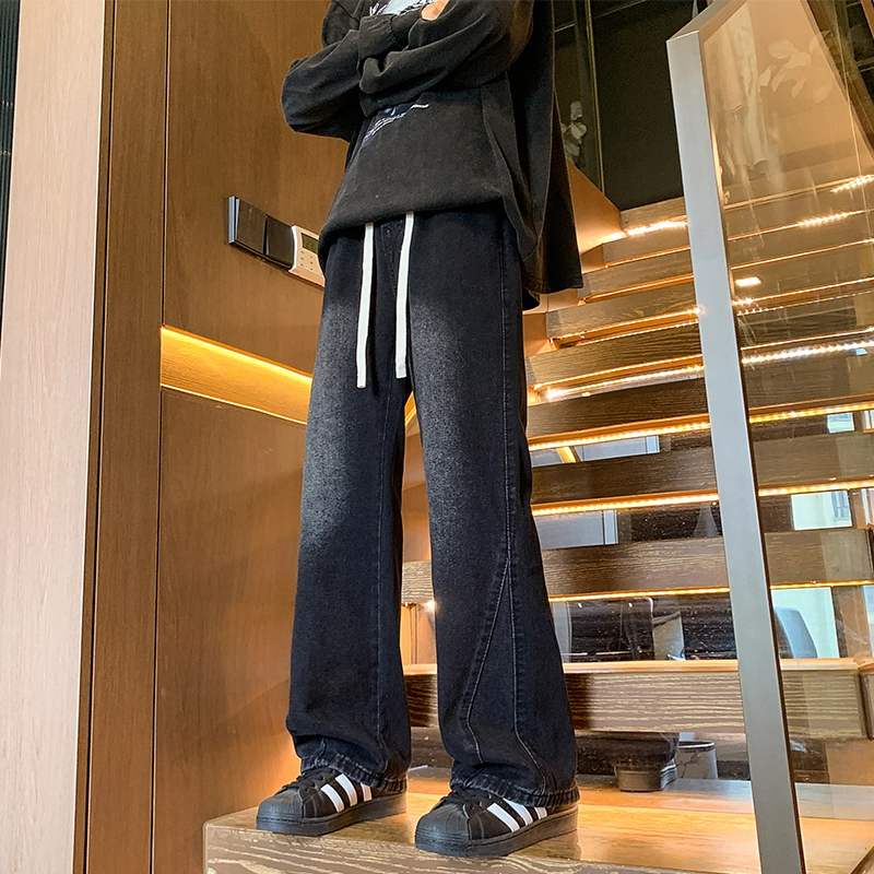赛瀚 微喇休闲裤男生复古水洗做旧宽松直筒长裤子男春秋季美式潮牌高街风抽绳松紧腰多口袋设计青少年时尚潮流帅气阔腿牛仔裤 男女同款