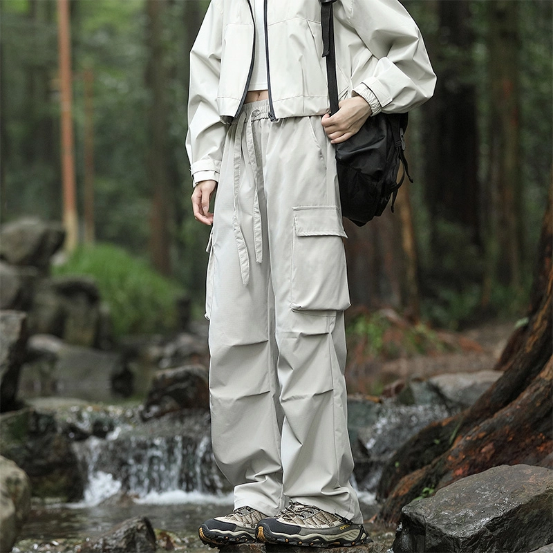 赛瀚 高街工装宽松直筒休闲裤男款秋季户外登山防风抽褶系带阔腿长裤百搭舒适亲肤显瘦显高少年感通勤外穿男裤 男女同款