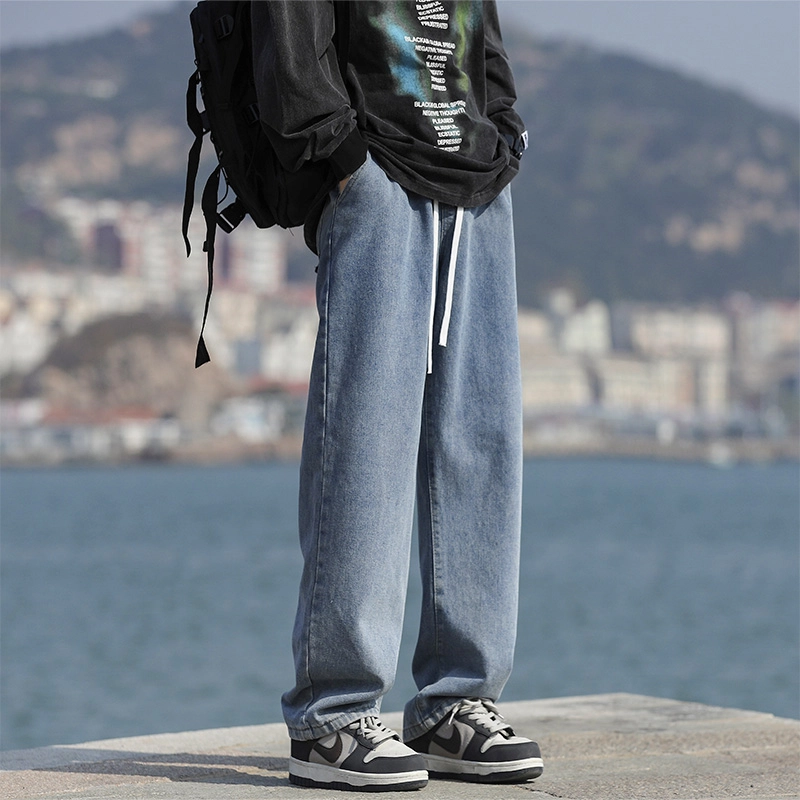 赛瀚 复古高街风做旧水洗休闲牛仔裤男款潮流秋季垂感百搭松紧腰系带舒适亲肤显瘦显高青少年男装宽松长裤通勤时尚外穿直筒裤 男女同款
