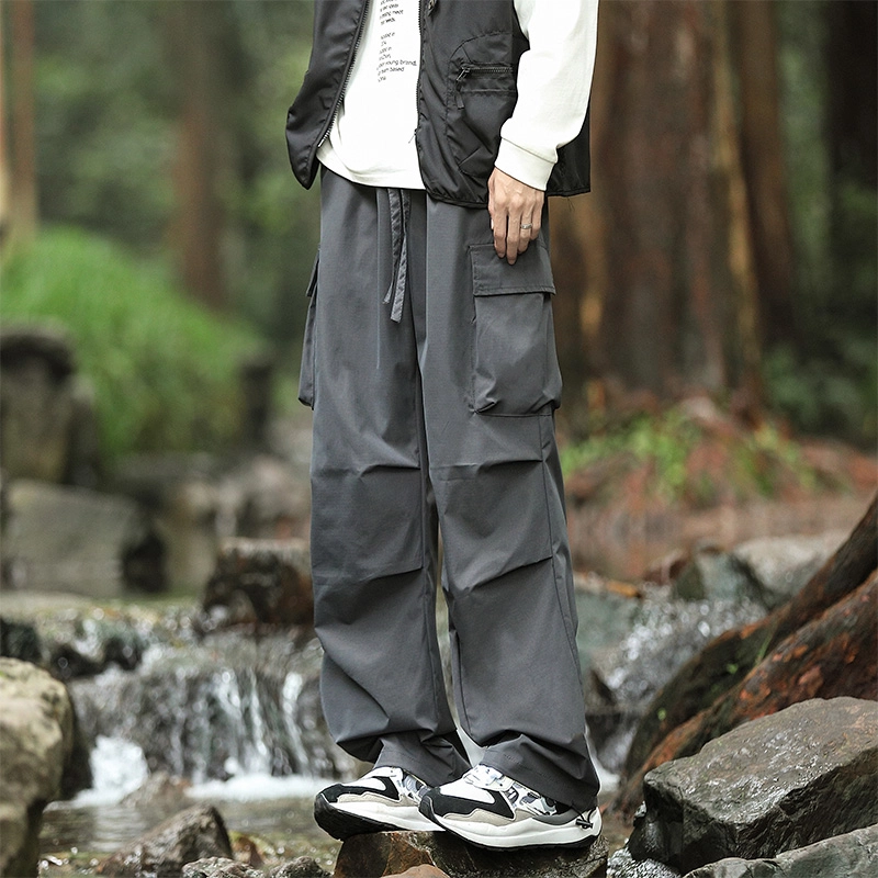 赛瀚 高街工装宽松直筒休闲裤男款秋季户外登山防风抽褶系带阔腿长裤百搭舒适亲肤显瘦显高少年感通勤外穿男裤 男女同款