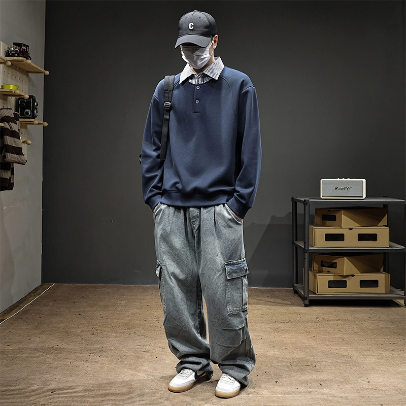 赛瀚 重磅衬衫假两件卫衣百搭款男装秋季舒适亲肤高级感拼接翻领长袖男款上衣宽松显瘦显高青少年高街外穿通勤男生外套 男女同款