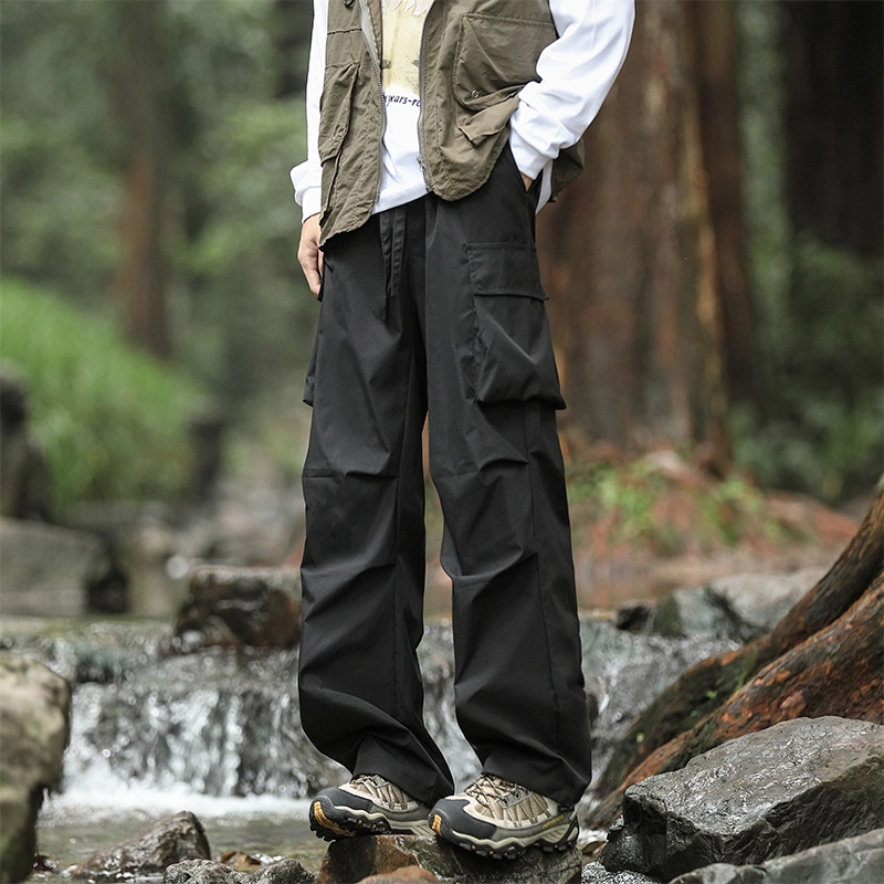 赛瀚 高街工装宽松直筒休闲裤男款秋季户外登山防风抽褶系带阔腿长裤百搭舒适亲肤显瘦显高少年感通勤外穿男裤 男女同款