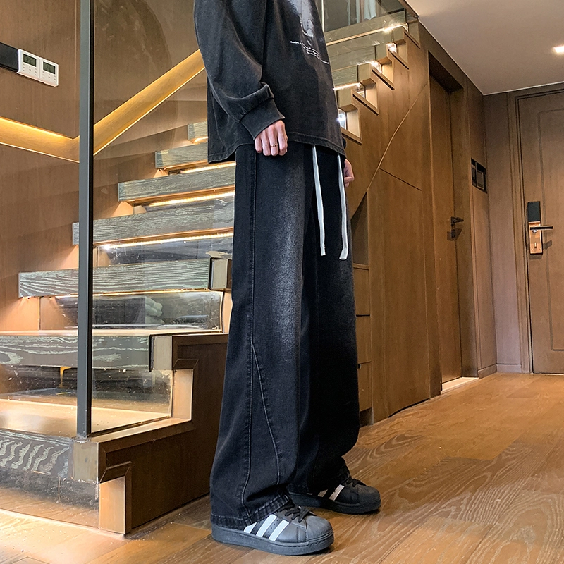 赛瀚 微喇休闲裤男生复古水洗做旧宽松直筒长裤子男春秋季美式潮牌高街风抽绳松紧腰多口袋设计青少年时尚潮流帅气阔腿牛仔裤 男女同款