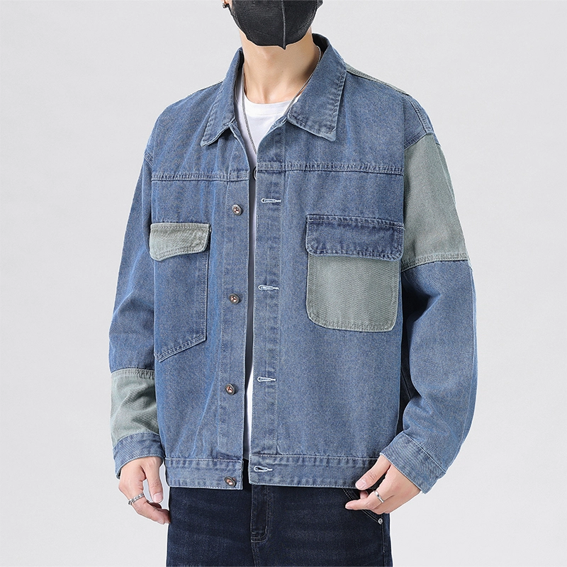赛瀚 高街帅气水洗夹克男士时尚潮牌外搭翻领上衣服男生青少年拼色贴布简约舒适宽松休闲百搭男美式复古男牛仔外套 男女同款