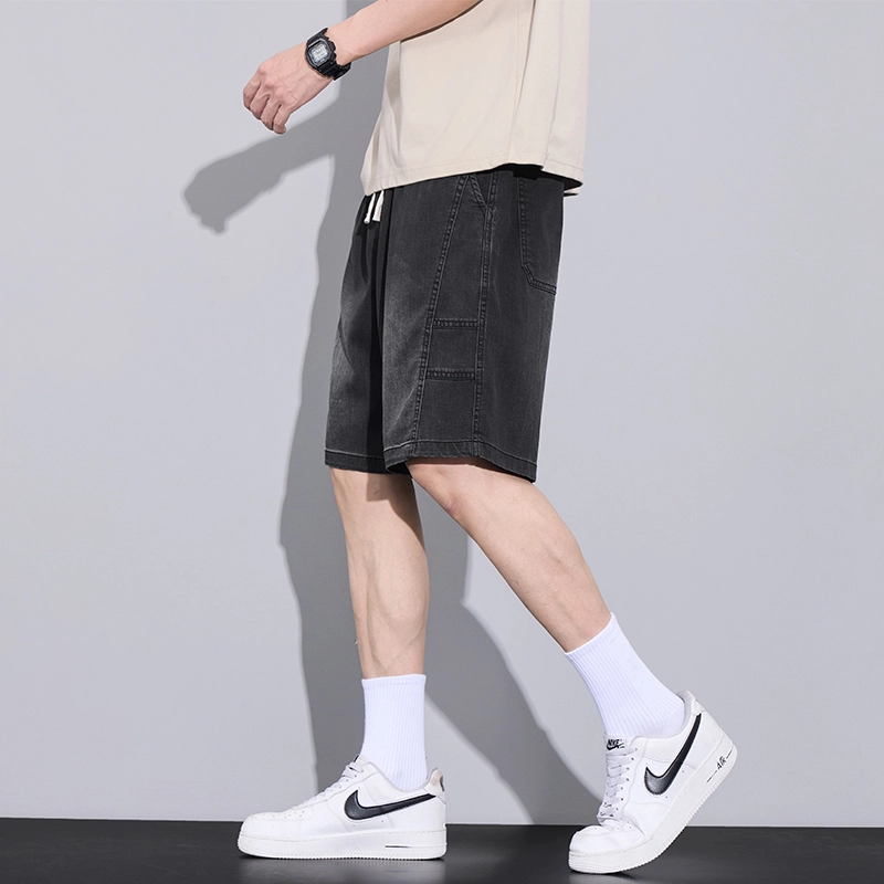 赛瀚 莱赛尔天丝五分裤夏季薄款宽松直筒中裤美式潮牌高街风抽绳松紧腰多口袋设计复古水洗做旧时尚简约百搭休闲牛仔短裤 男女同款
