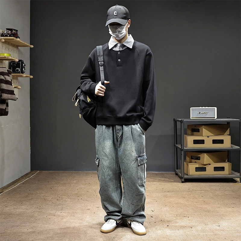 赛瀚 重磅衬衫假两件卫衣百搭款男装秋季舒适亲肤高级感拼接翻领长袖男款上衣宽松显瘦显高青少年高街外穿通勤男生外套 男女同款