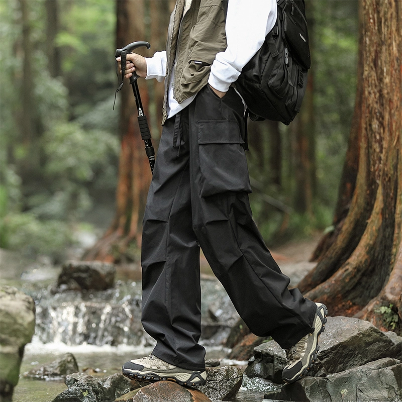 赛瀚 高街工装宽松直筒休闲裤男款秋季户外登山防风抽褶系带阔腿长裤百搭舒适亲肤显瘦显高少年感通勤外穿男裤 男女同款