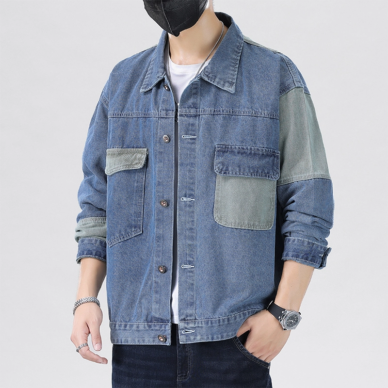 赛瀚 高街帅气水洗夹克男士时尚潮牌外搭翻领上衣服男生青少年拼色贴布简约舒适宽松休闲百搭男美式复古男牛仔外套 男女同款