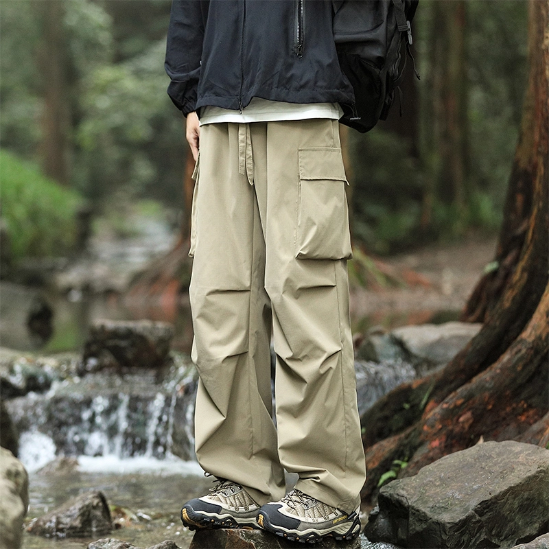 赛瀚 高街工装宽松直筒休闲裤男款秋季户外登山防风抽褶系带阔腿长裤百搭舒适亲肤显瘦显高少年感通勤外穿男裤 男女同款