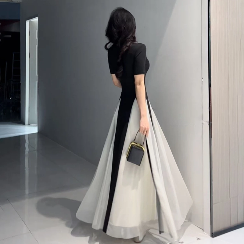 依钗 法式小众拼接撞色设计修身显瘦赫本风仙女长裙短袖连衣裙 女款