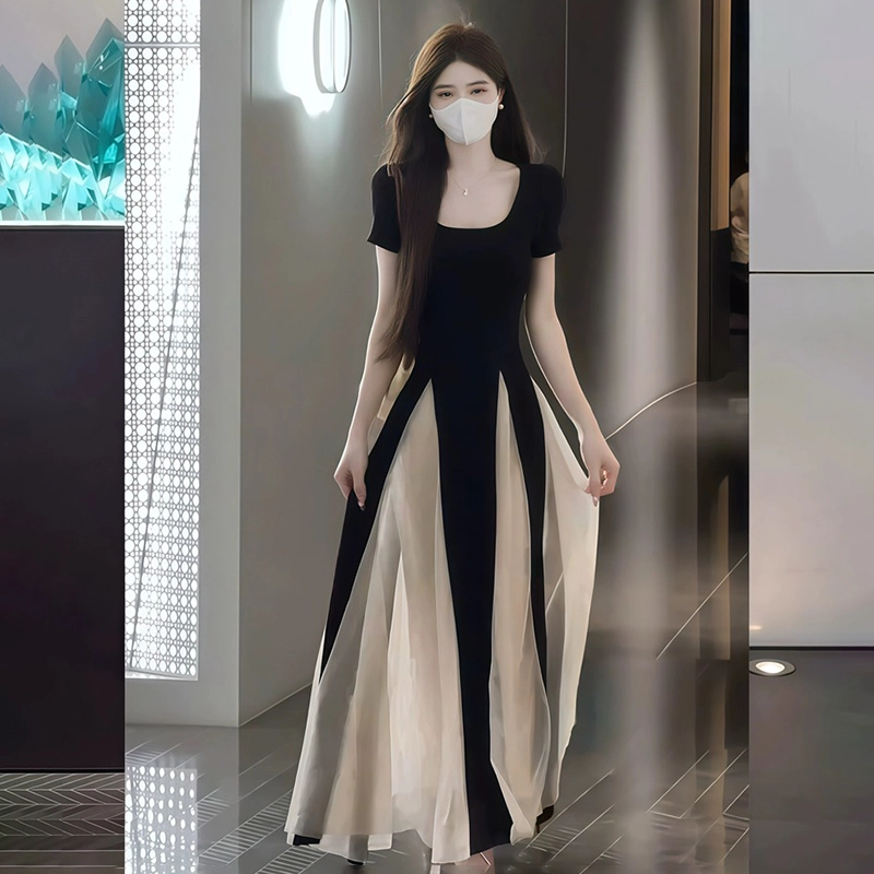 依钗 法式小众拼接撞色设计修身显瘦赫本风仙女长裙短袖连衣裙 女款