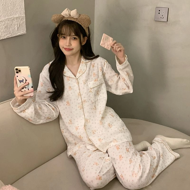 俞兆林 高级感碎花卡通翻领开衫甜美少女柔软纯棉纱长袖长裤舒适家居服睡衣套装 秋冬季 女款