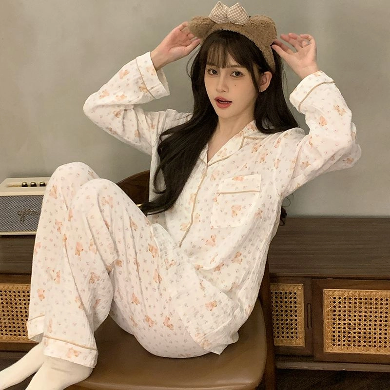 俞兆林 高级感碎花卡通翻领开衫甜美少女柔软纯棉纱长袖长裤舒适家居服睡衣套装 秋冬季 女款