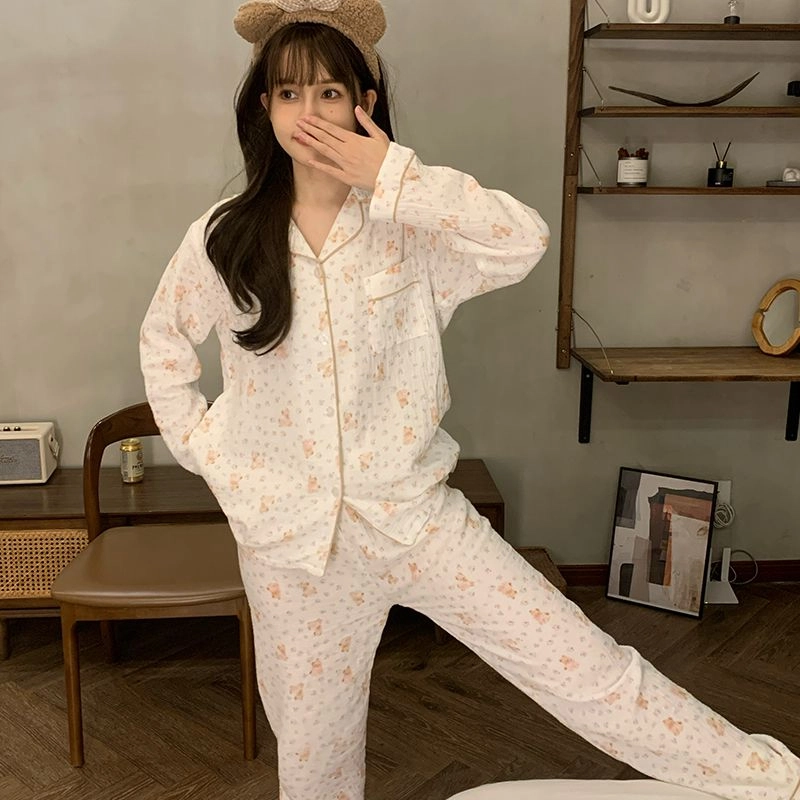 俞兆林 高级感碎花卡通翻领开衫甜美少女柔软纯棉纱长袖长裤舒适家居服睡衣套装 秋冬季 女款