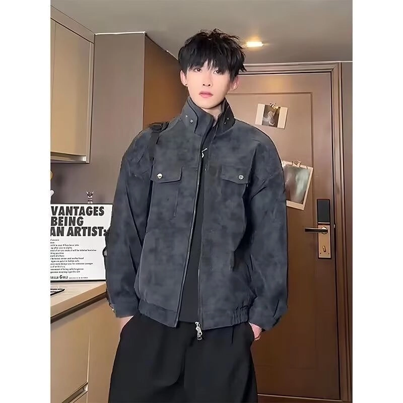 木木兔 美式皮衣男宽松机车复古外套翻领工装夹克 男款