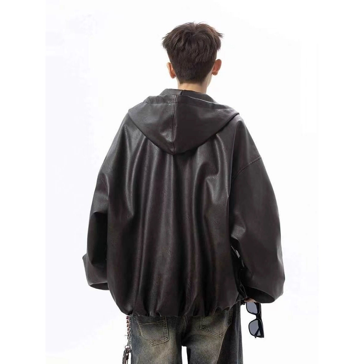 木木兔 美式复古连帽皮衣痞帅高级感外套机车服夹克 男款