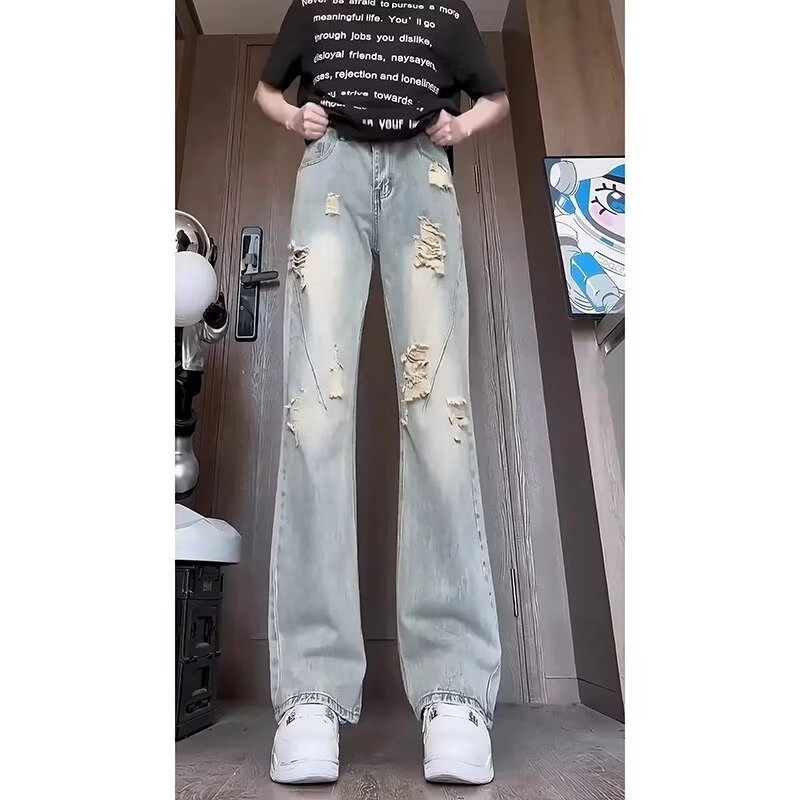 木木兔 美式破洞复古高街休闲时尚欧美设计感直筒高级长裤牛仔裤 男款