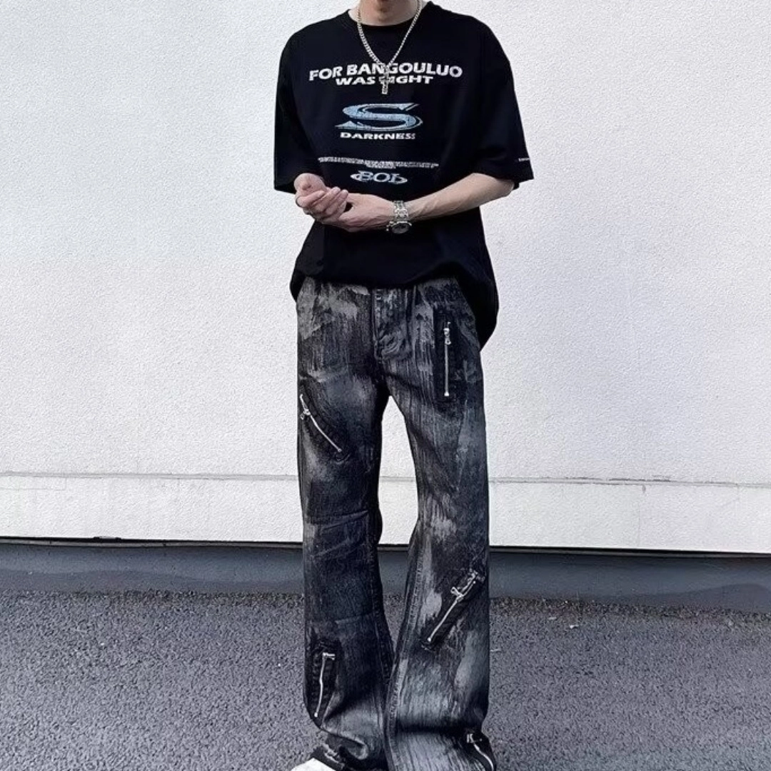 木木兔 夏季美式大码街头拉链微喇牛仔裤休闲时尚宽松设计感高街做旧直筒阔腿拖地长裤 男款