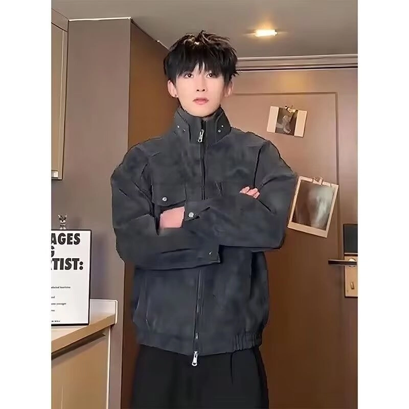 木木兔 美式皮衣男宽松机车复古外套翻领工装夹克 男款