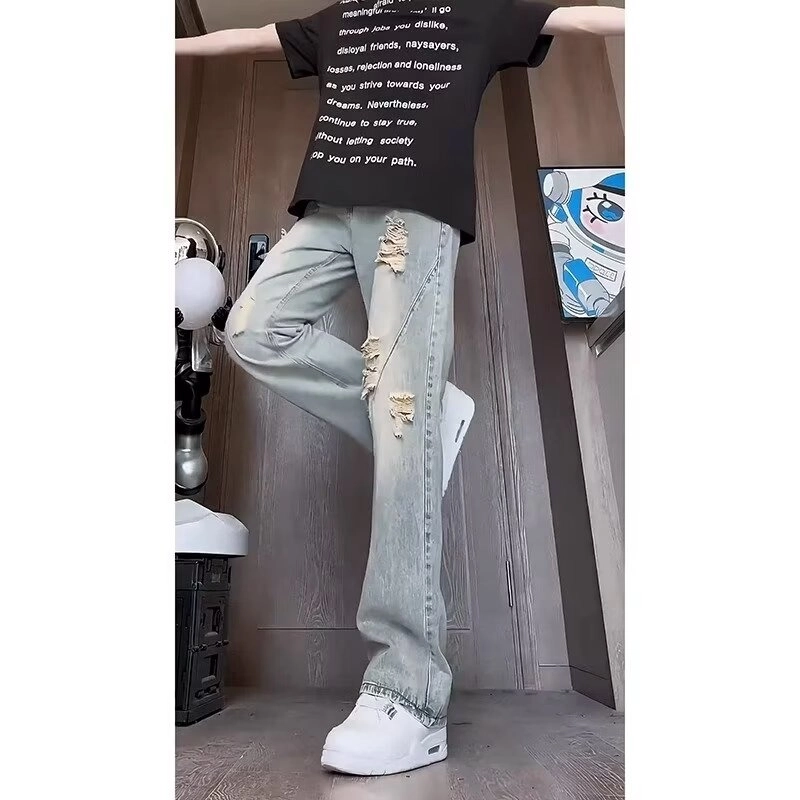 木木兔 美式破洞复古高街休闲时尚欧美设计感直筒高级长裤牛仔裤 男款