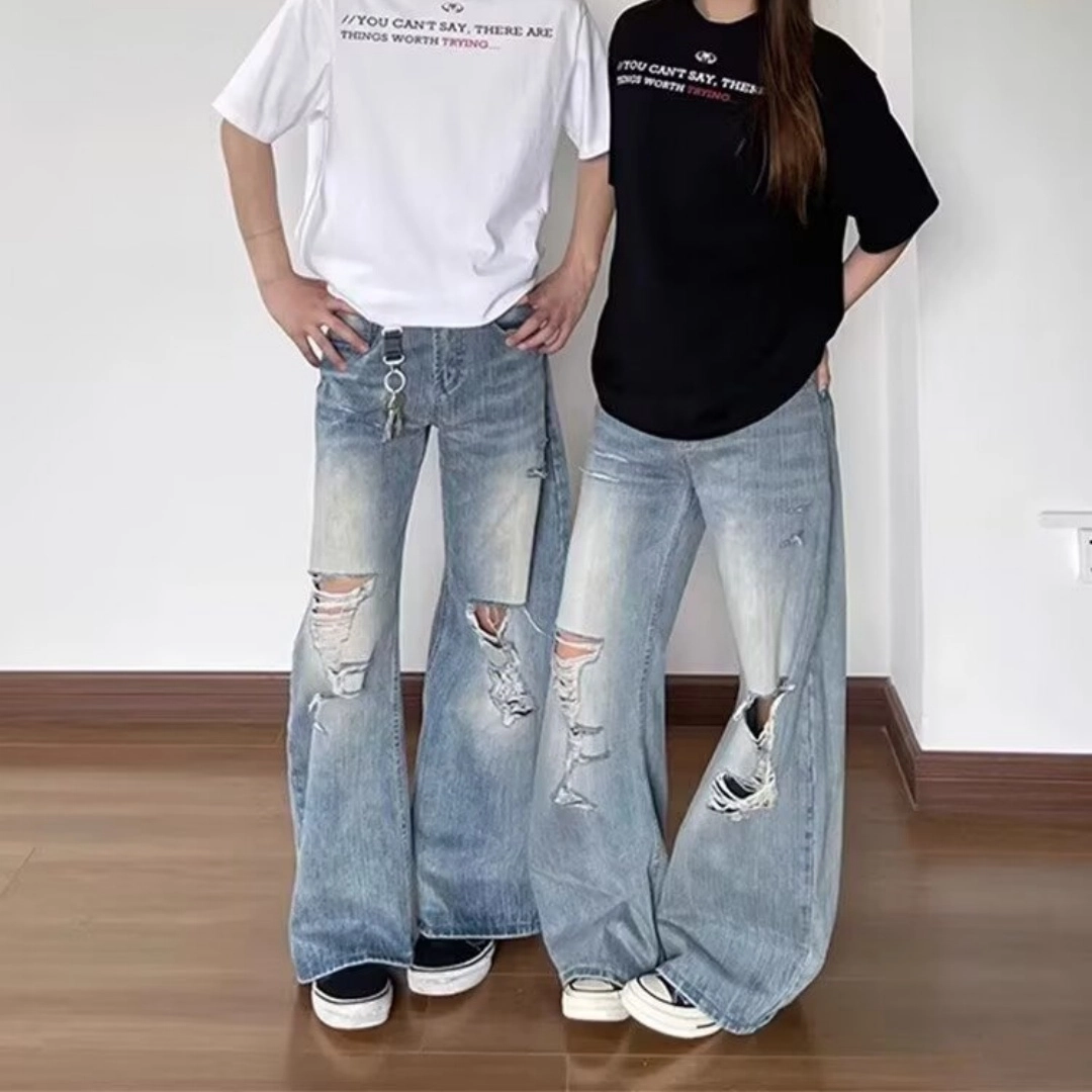 木木兔 美式复古竹节纹做旧破洞牛仔裤 街头潮牌直筒微喇弯刀裤潮 男款