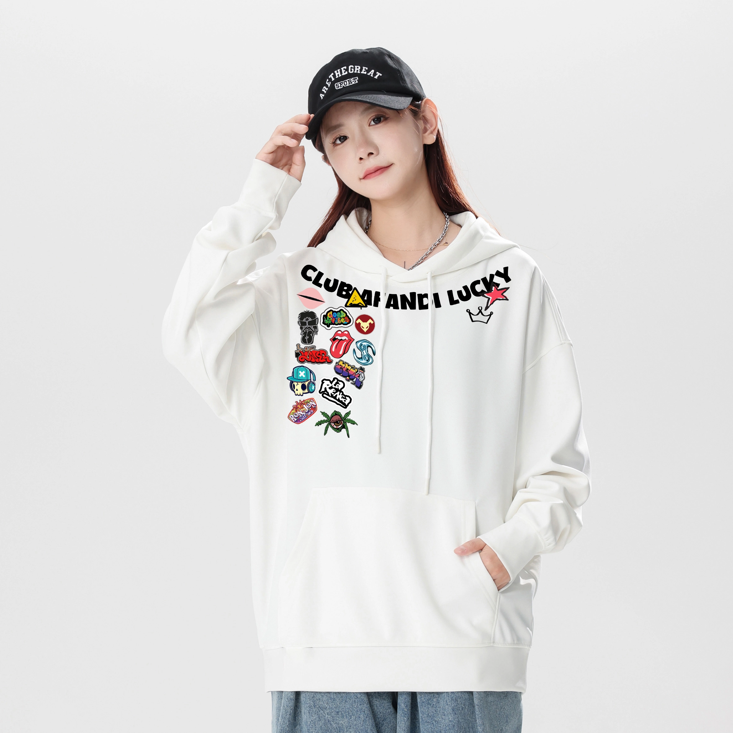 阿凡迪 美式高街复古个性创意趣味涂鸦小标印花宽松日常通勤休闲运动经典百搭长袖氛围感学院风套头连帽卫衣 男女同款