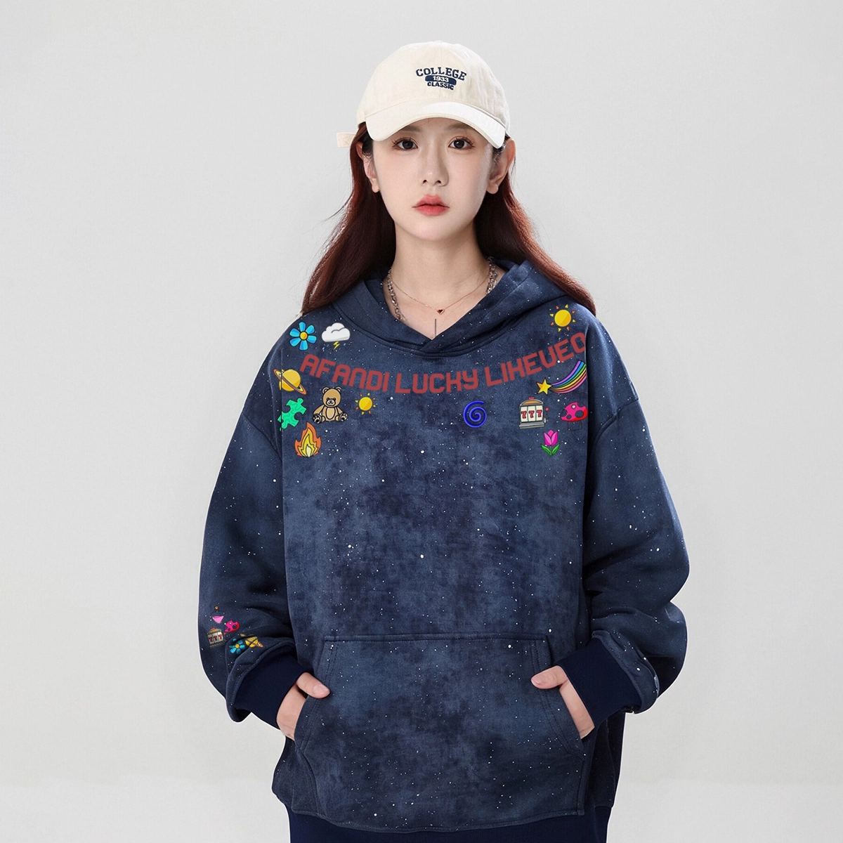 阿凡迪 满天星美式高街复古时尚个性潮流多巴胺小标字母袖口印花宽松日常通勤休闲运动经典百搭长袖氛围感套头连帽卫衣 男女同款
