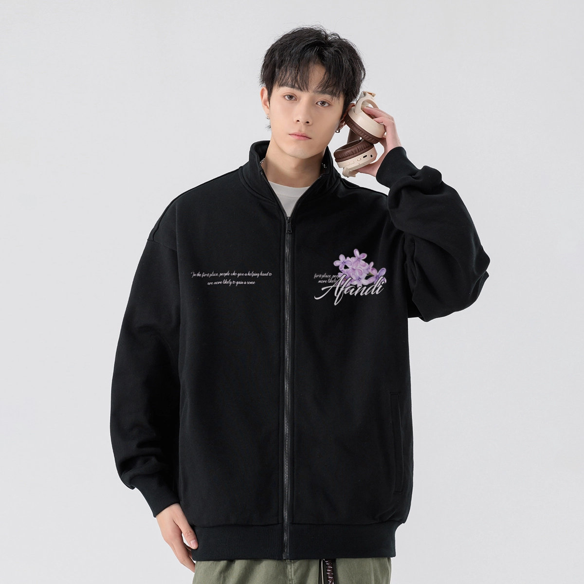 阿凡迪 美式高街复古时尚潮流创意个性简约花卉字母印花日常通勤休闲运动经典百搭长袖氛围感学院风纯色开衫外套卫衣 男女同款