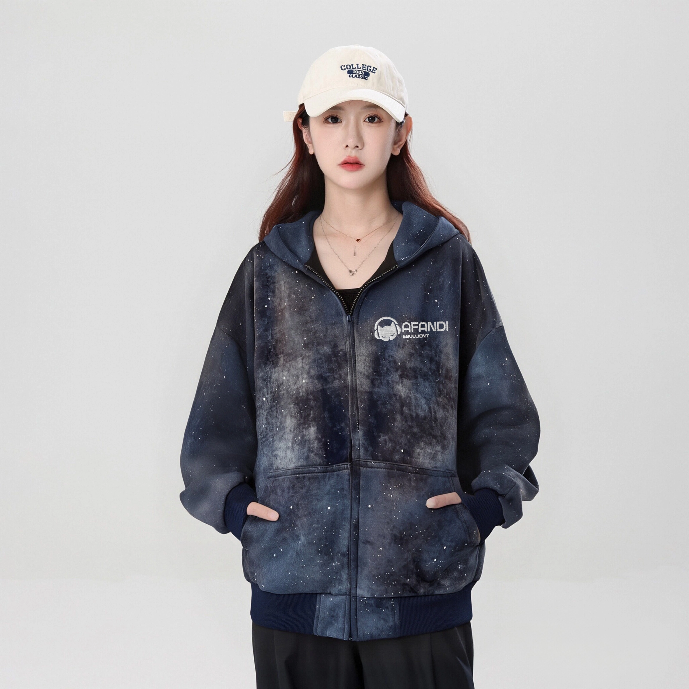 阿凡迪 美式复古高街星空扎染满天星仿刺绣音乐小猫字母印花设计休闲宽松日常运动通勤百搭舒适潮牌重磅拉链外套开衫连帽卫衣 男女同款