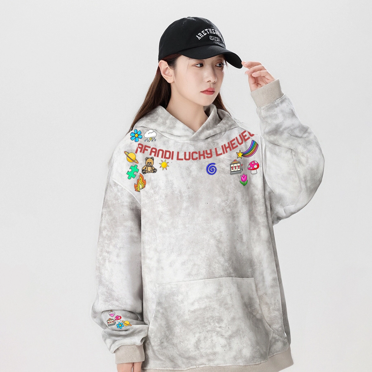 阿凡迪 满天星美式高街复古时尚个性潮流多巴胺小标字母袖口印花宽松日常通勤休闲运动经典百搭长袖氛围感套头连帽卫衣 男女同款